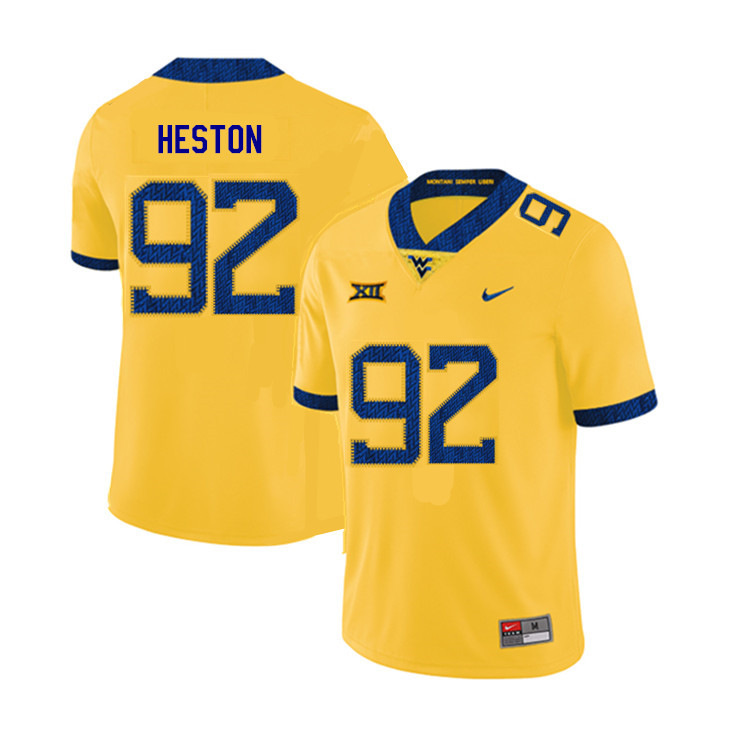 2019 Men #92 Rhett Heston West Virginia Mountaineers College Football Jerseys Sale-Yellow - Click Image to Close